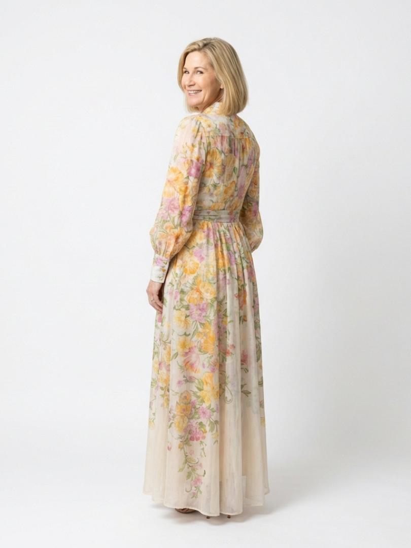 FJØRNA floral summer maxi dress for women with long sleeves, flowy fabric, perfect for warm weather and casual occasions.