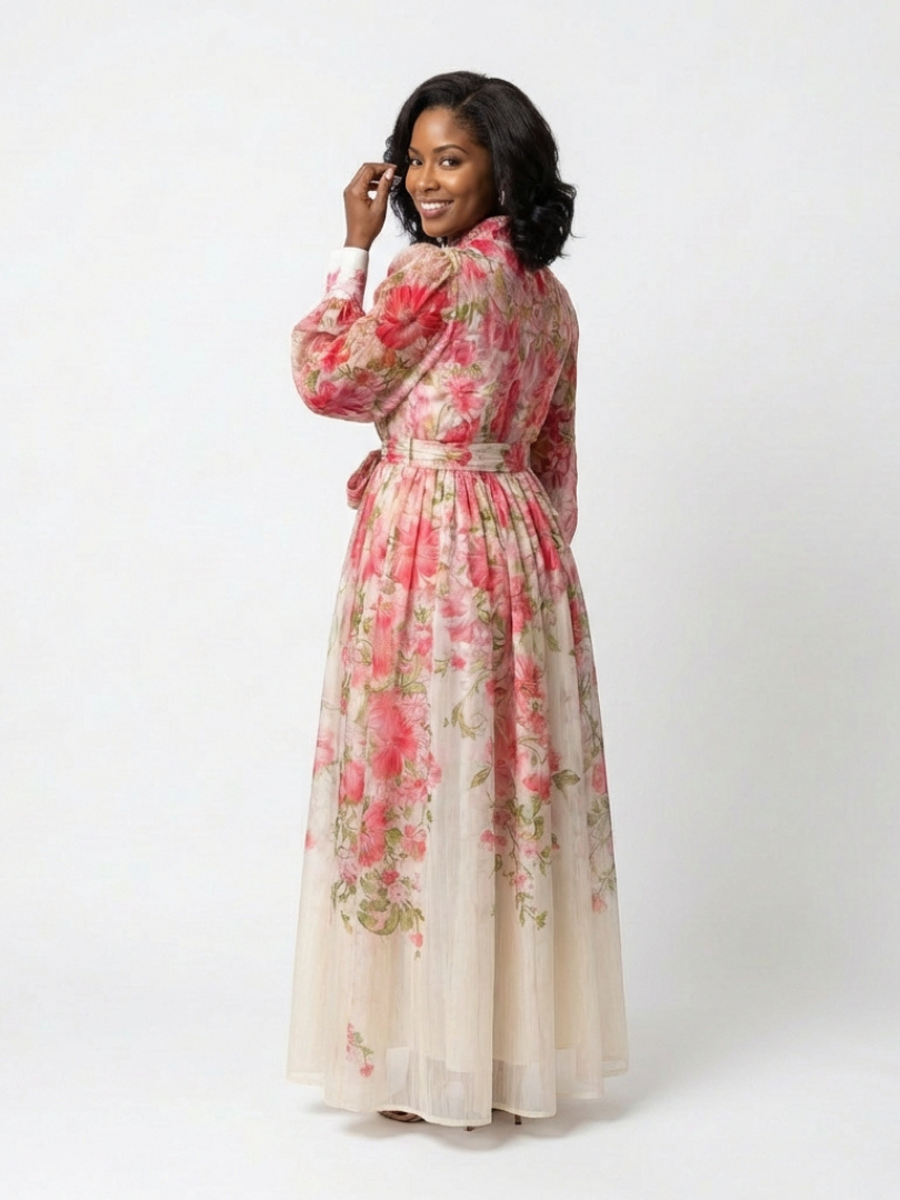 Floral summer maxi dress for women by FJØRNA featuring long sleeves and a flowy, lightweight design.
