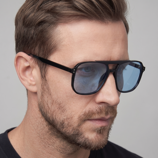Men's square sunglasses by FJØRNA with a sleek frame, shown in a natural pose, one size fits most.