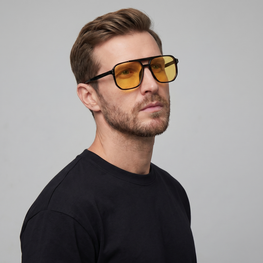 Men's square FJØRNA sunglasses with black frames and dark lenses, stylish and suitable for various face shapes.