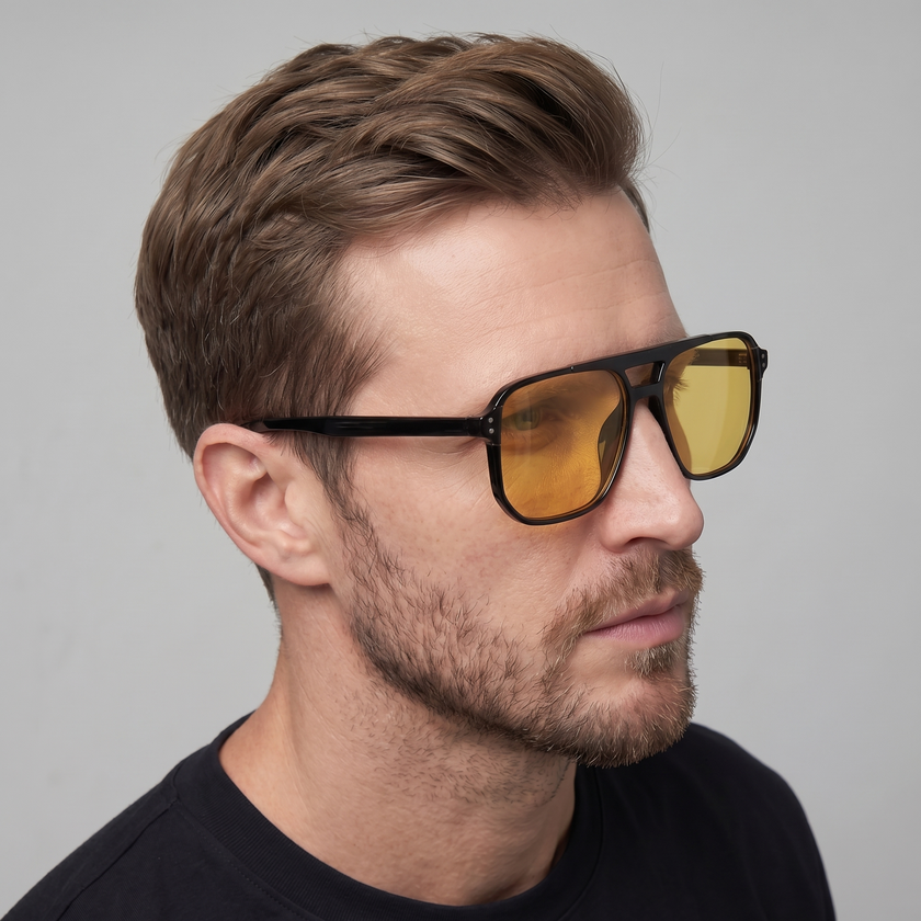 Men's square sunglasses by FJØRNA with black frame and dark lenses, one size fits most, stylish and modern eyewear for men.