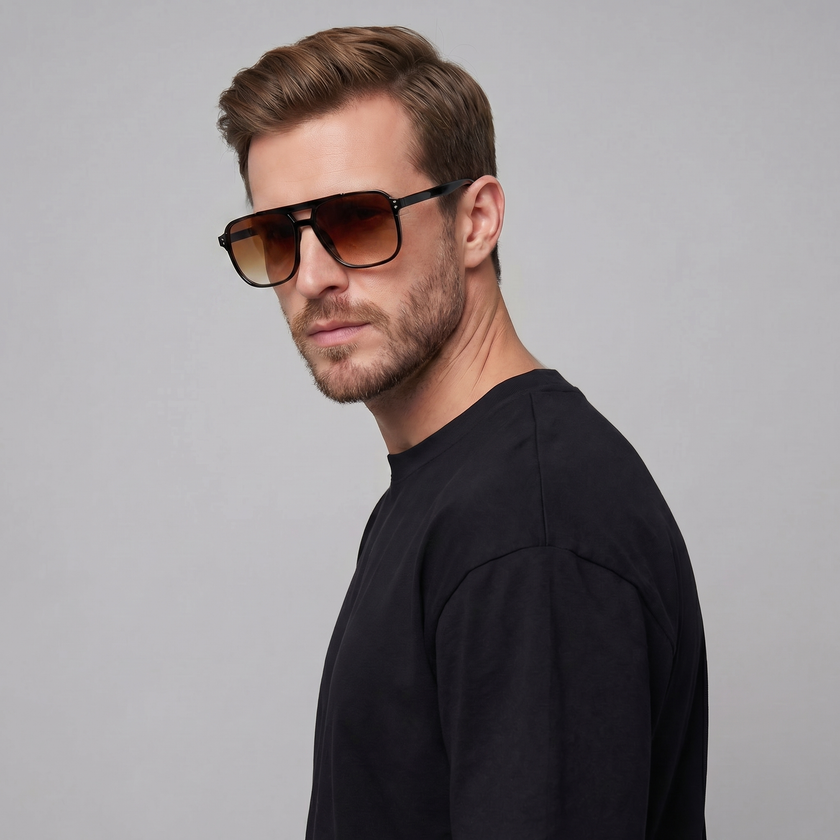 FJØRNA men's square sunglasses with black frames and dark lenses, one size fits all, stylish and protective eyewear for men.