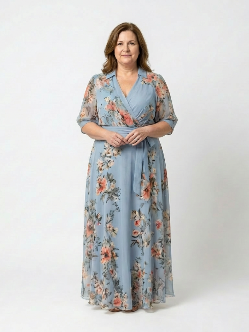 FJØRNA women's floral wrap summer maxi dress with a flowing silhouette and vibrant flower pattern, perfect for warm-weather wear.