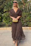 FJØRNA bohemian patterned V-neck mesh maxi dress with flowing fabric and intricate design, perfect for boho-chic style.