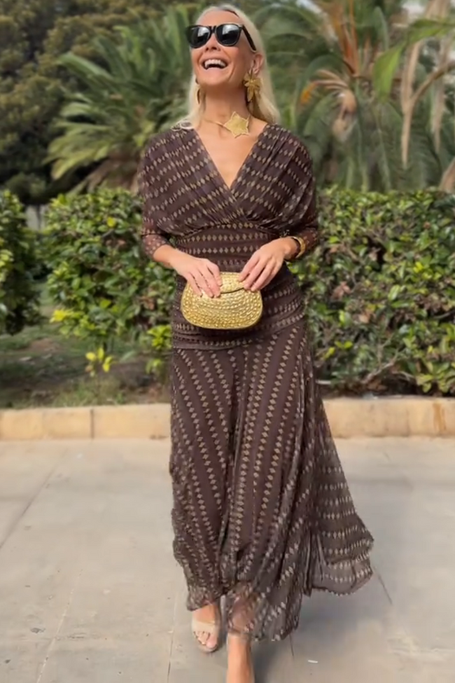 FJØRNA bohemian patterned V-neck mesh maxi dress with casual style, perfect for weddings and summer occasions.