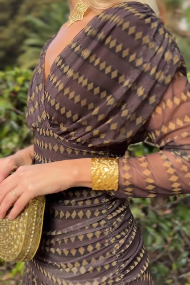 FJØRNA bohemian patterned V-neck mesh maxi dress with flowing fabric and intricate designs, perfect for summer or casual wear.