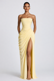 FJØRNA women's yellow strapless maxi dress with ruched waist, flowing design, perfect for weddings and formal occasions