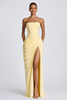 FJØRNA women's yellow strapless maxi dress with ruched waist, flowing design, perfect for weddings and formal occasions