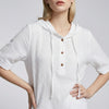 White FJØRNA summer women's blouse with short sleeves and linen fabric, stylish and lightweight for warm weather.
