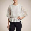 White floral lace summer blouse for women by FJØRNA, featuring intricate lace details and a lightweight, stylish design.