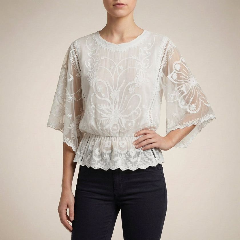 White floral lace summer blouse for women by FJØRNA, featuring intricate lace details and a lightweight, stylish design.