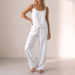 White FJØRNA sleeveless camisole and wide-leg trouser 2-piece set with relaxed button-front design, perfect for casual wear.