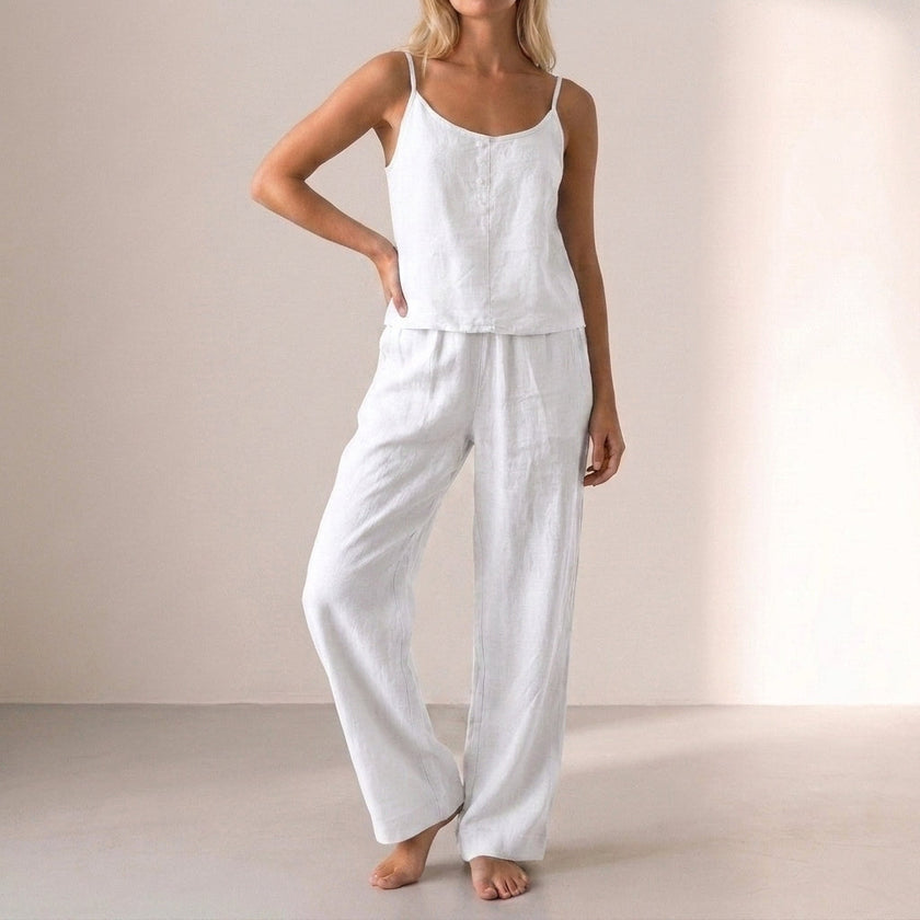White FJØRNA sleeveless camisole and wide-leg trouser 2-piece set with relaxed button-front design, perfect for casual wear.