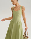 FJØRNA Sage slip midi dress for women featuring a sweetheart neckline and woven polyester fabric, stylish and elegant.