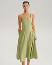 FJØRNA Sage Slip Midi Dress for Women with sweetheart neckline, woven polyester fabric, elegant and stylish for casual or formal occasions.