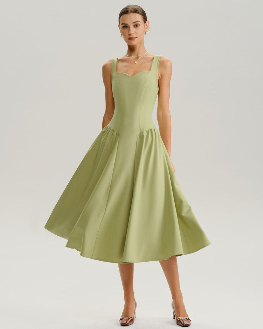 FJØRNA Sage Slip Midi Dress for women with sweetheart neckline, woven polyester fabric, elegant and flowy silhouette.