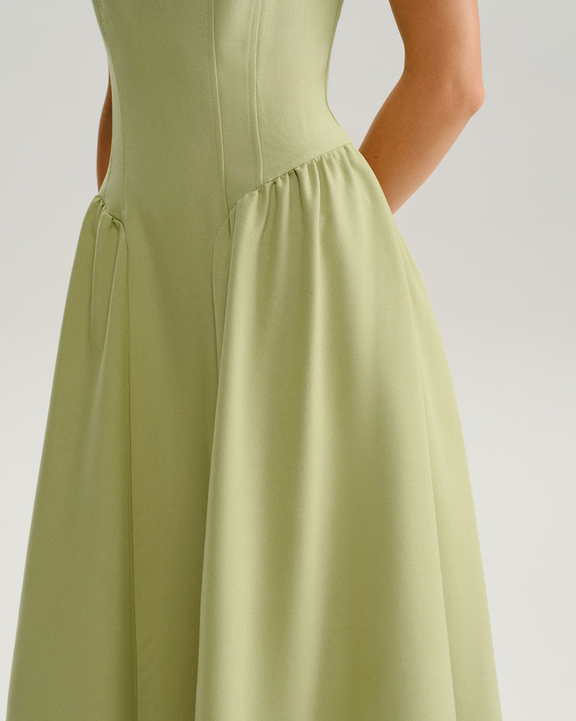 FJØRNA sage slip midi dress for women with sweetheart neckline, made of woven polyester, elegant and stylish for any occasion.