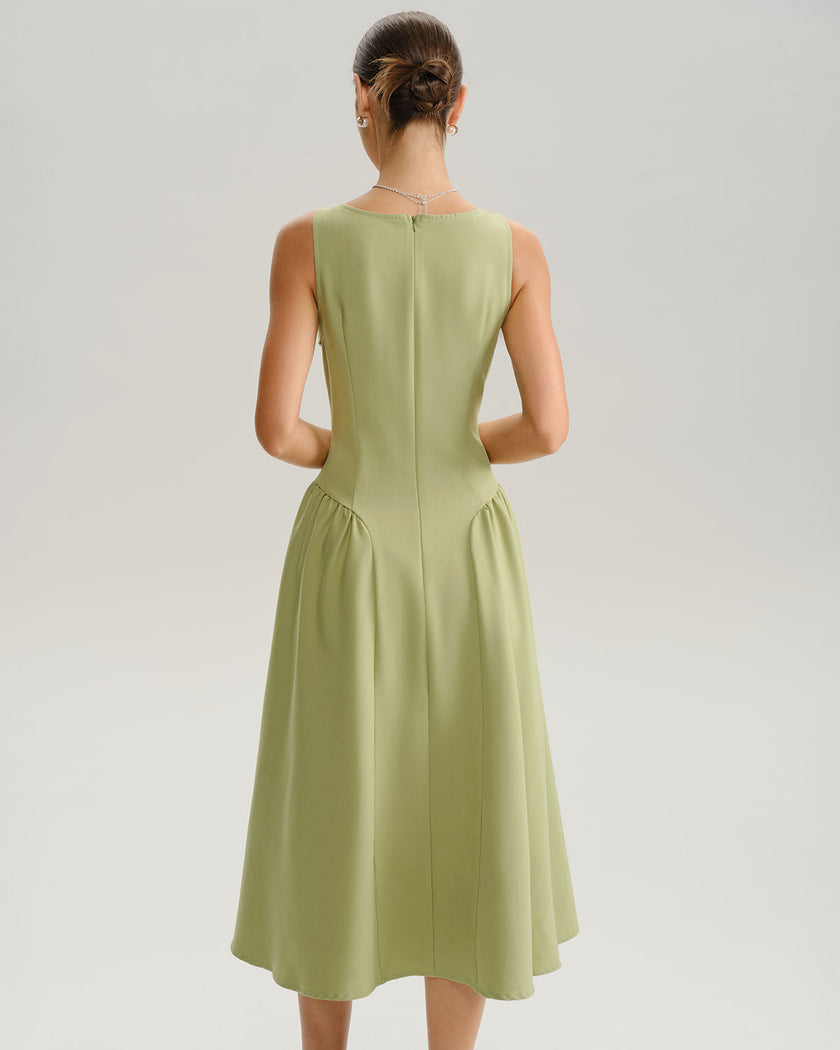 FJØRNA Sage Slip Midi Dress for women with sweetheart neckline, woven polyester fabric, elegant and versatile for various occasions.