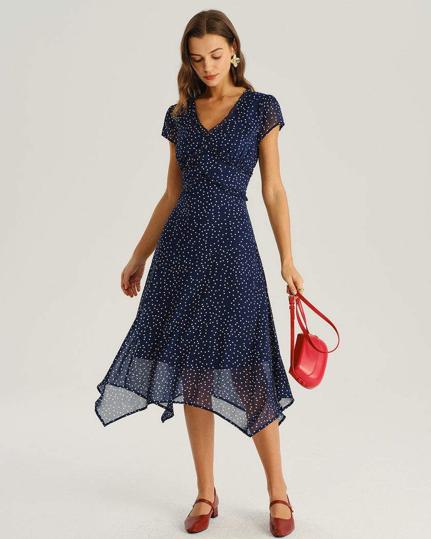 Navy blue polka dot chiffon midi dress for women with V-neck, tiered ruffle short sleeves, stylish and elegant for any occasion.
