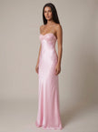 Women's satin halter maxi dress with beaded details by FJØRNA, perfect for formal occasions, shown in a full-length view.