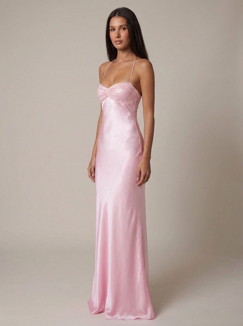 Women's satin halter maxi dress with beaded details by FJØRNA, perfect for formal occasions, shown in a full-length view.