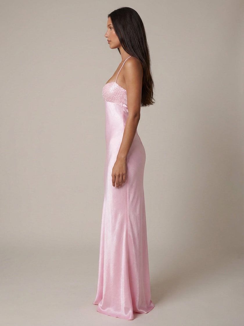 Women's satin halter maxi dress with beaded details by FJØRNA, shown as a formal evening dress on a model.