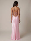 Women's satin halter maxi dress by FJØRNA, formal beaded design, elegant long dress with a halter neckline and intricate bead details.