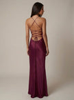 Women's satin halter maxi dress by FJØRNA featuring beaded detailing and a flowing silhouette for formal occasions.