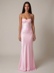 FJØRNA women's satin halter maxi dress with beaded details, formal evening gown, flowing fabric and elegant design.