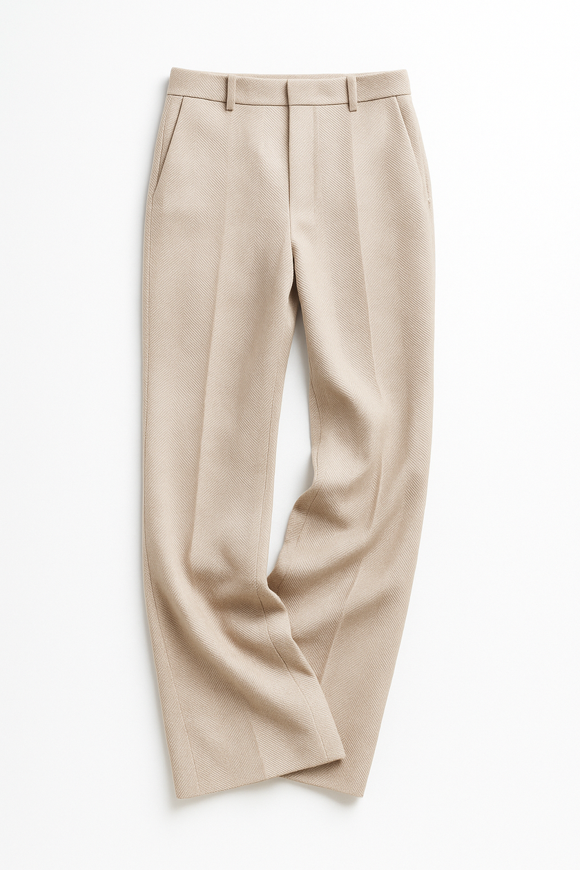 FJØRNA women's wool blend trousers, stylish and tailored pants with a sleek fit, shown in a neutral color on a plain background.
