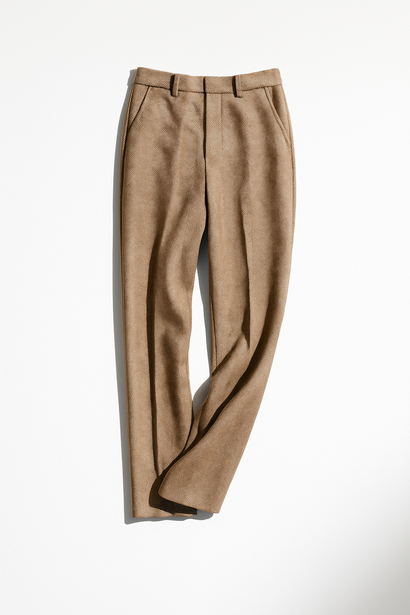 FJØRNA women's wool blend trousers featuring tailored fit and classic design, shown in a neutral color on a model.
