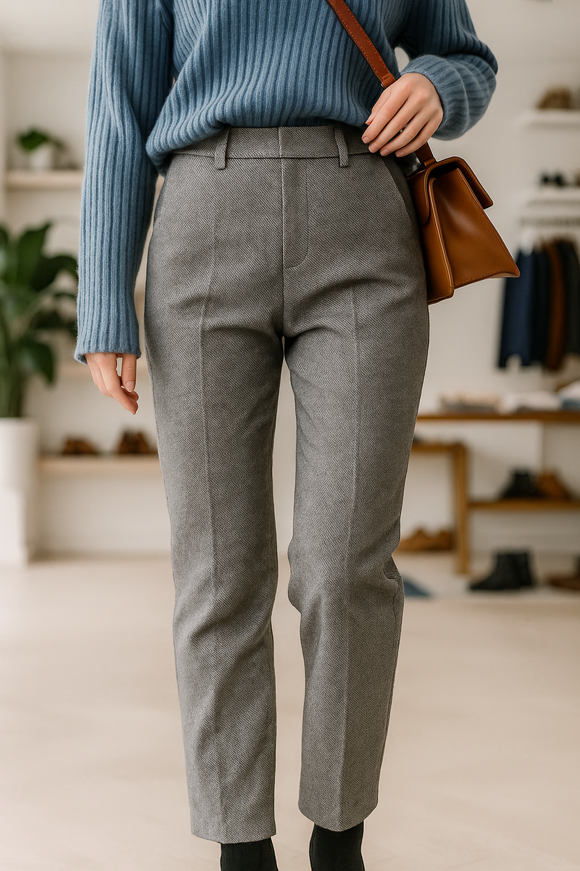 FJØRNA women's wool blend trousers, stylish pants with a tailored fit, featuring a classic waistband and full-length design.