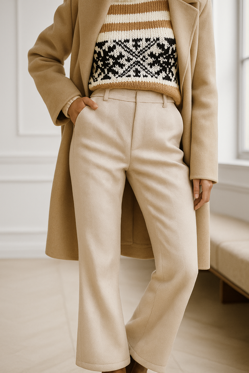 FJØRNA women's wool blend trousers, stylish and tailored pants with a classic fit, in neutral fabric for versatile wear.