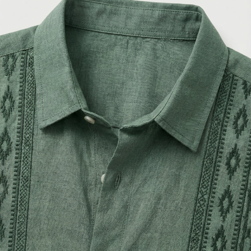 Men's green embroidered short sleeve shirt with Aztec print and button-up design by FJØRNA, perfect for summer style.