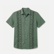 Men's green embroidered short sleeve Aztec print summer shirt by FJØRNA with button-up front and vibrant design.