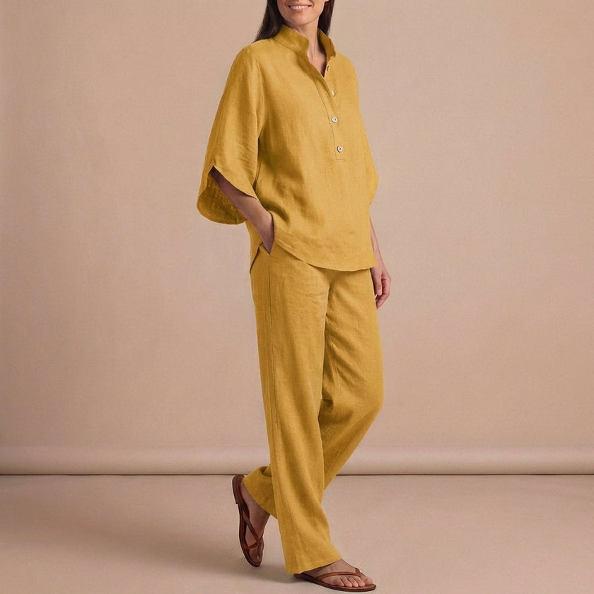 FJØRNA yellow woven two-piece relaxed shirt and wide-leg trouser set for urban leisure, casual and stylish.