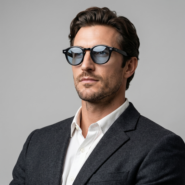 Men's round acetate sunglasses by FJØRNA featuring casual style with dark tinted lenses and a sleek, modern frame.